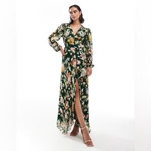 Hope & Ivy ASOS Wrap Floral Maxi Dress Metallic Green Printed Formal Bride Plus
